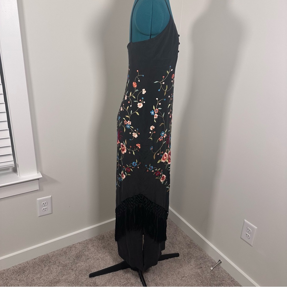 Sue Wong Vintage Black Silk Maxi Dress with Floral Embroidery & Fringe - Picture 8 of 16